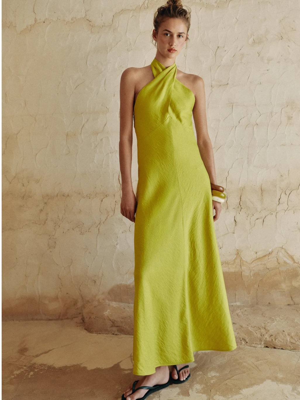 Zara Lime Green Halter Maxi Dress Chartreuse